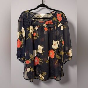 LC Lauren Conrad Navy Blue Floral Blouse